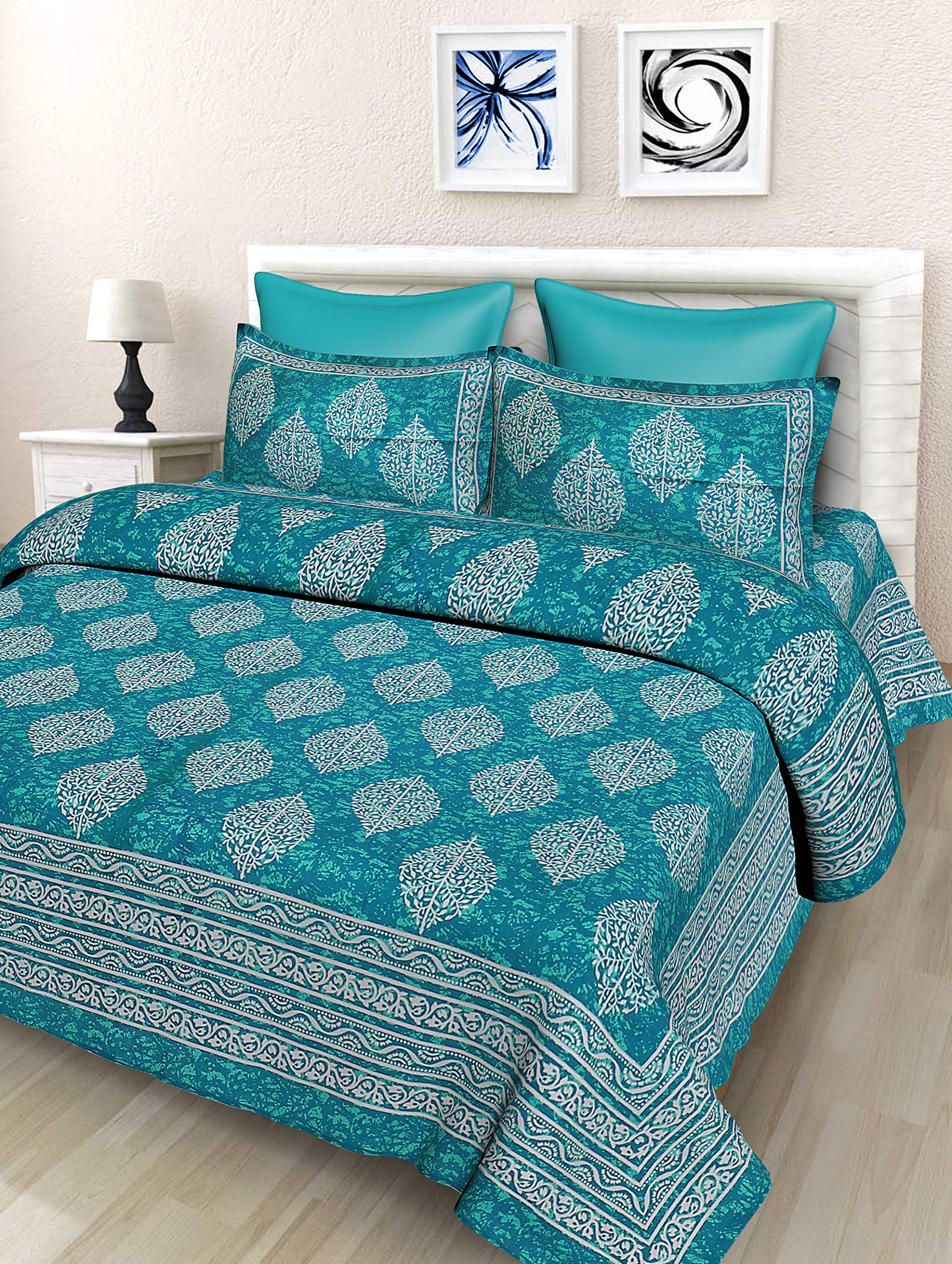 SheetKart Floral 144 TC Cotton Double Bedsheet with 2 Pillow Covers - Sea Green