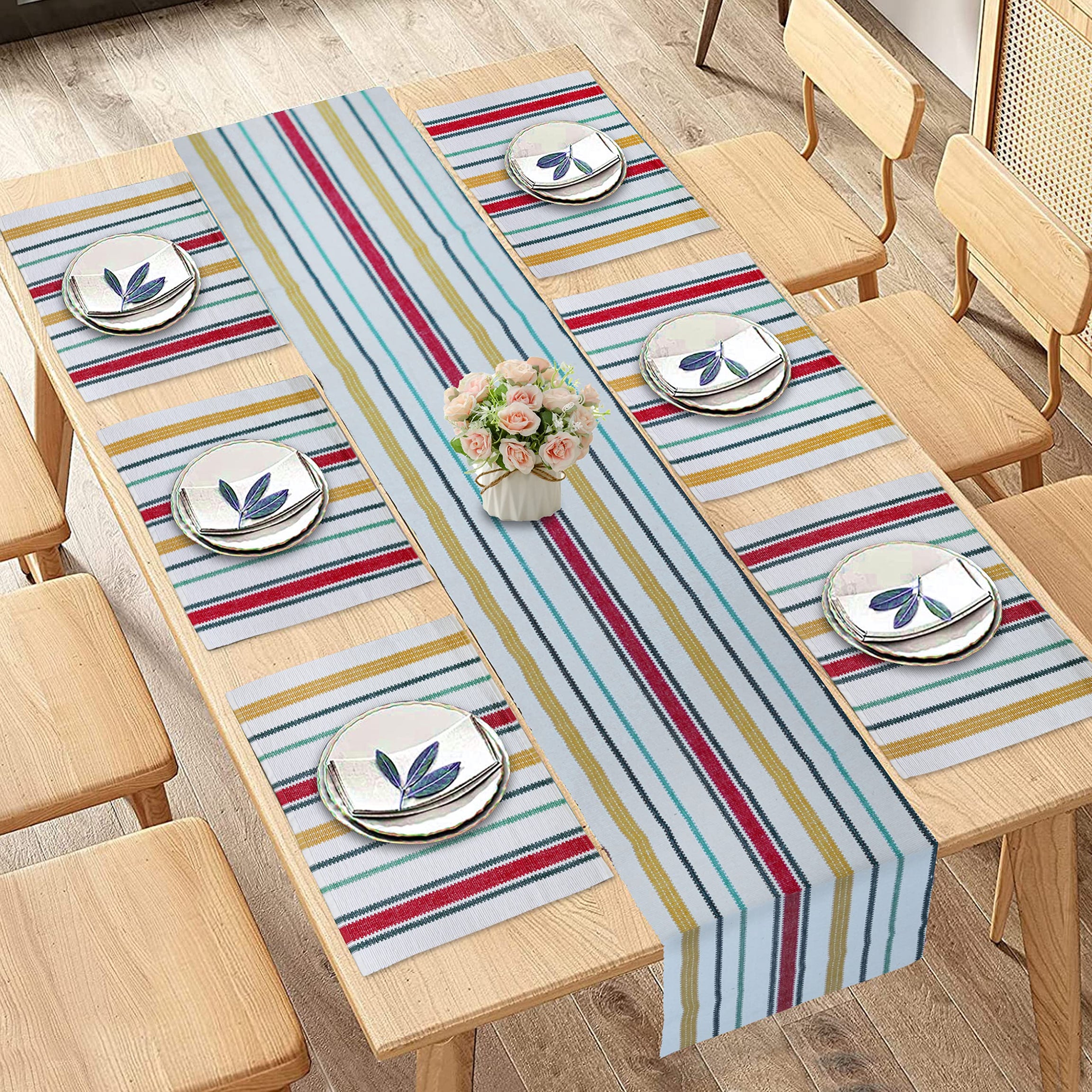 HOME COLORS.IN Cotton Ribbed Multi Color Striped Table Linen Set - Machine Washable & Heat Resistant - 6 Dining Table Place Mat with Runner, 15 x 17 Inch & 14 x 72 Inch - Pack of 7