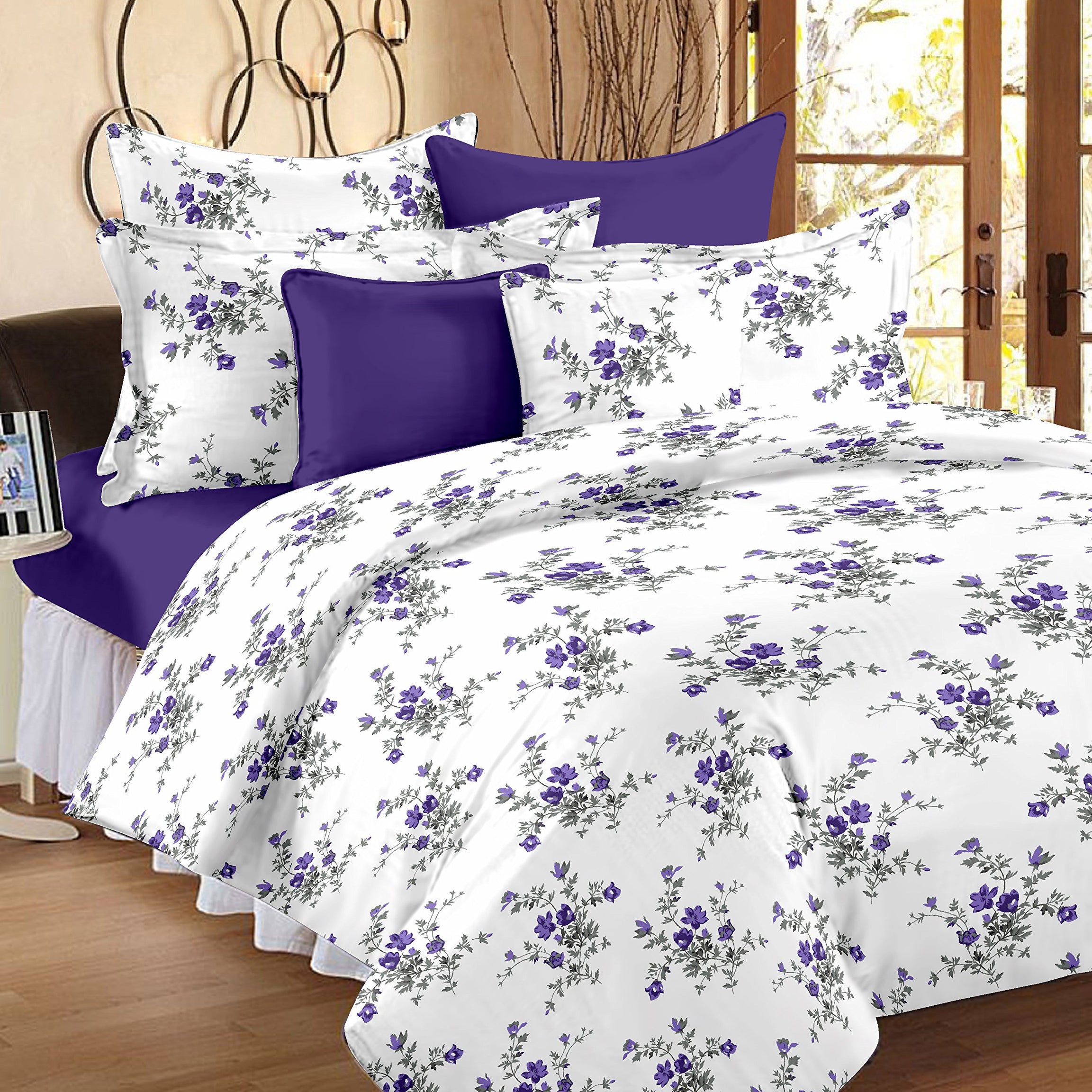 HUESLAND by Ahmedabad Cotton 144 TC Cotton Bedsheet for Double Bed with 2 Pillow Covers - White, Purple