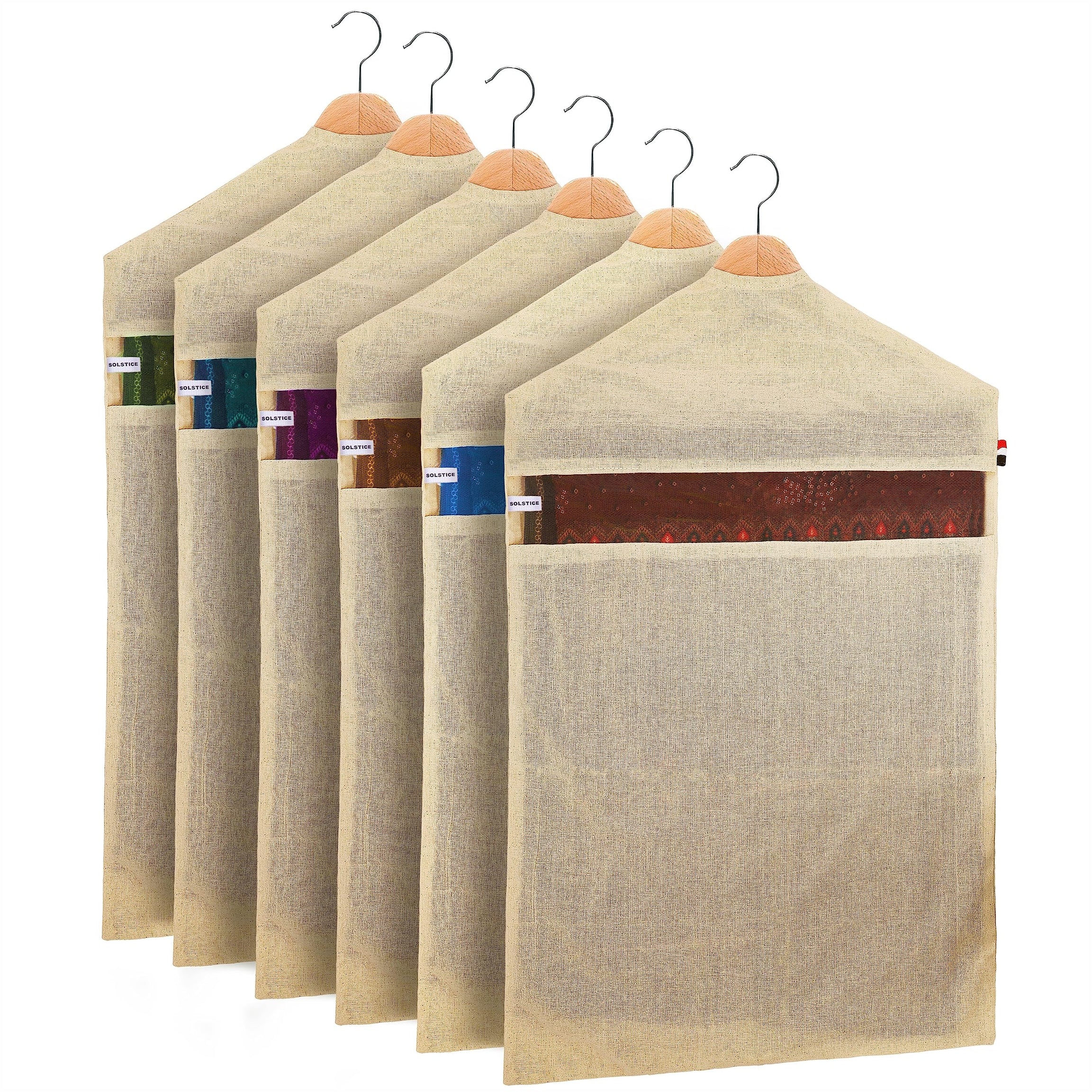 SOLSTICE Hanging Cotton Saree Covers/Bags (Set of 6) of 30 x 18 (Inches) For Clothes Storage, Wardrobe Organizer (Hangers Are NOT Included) (Single Pocket - Pack of 6)