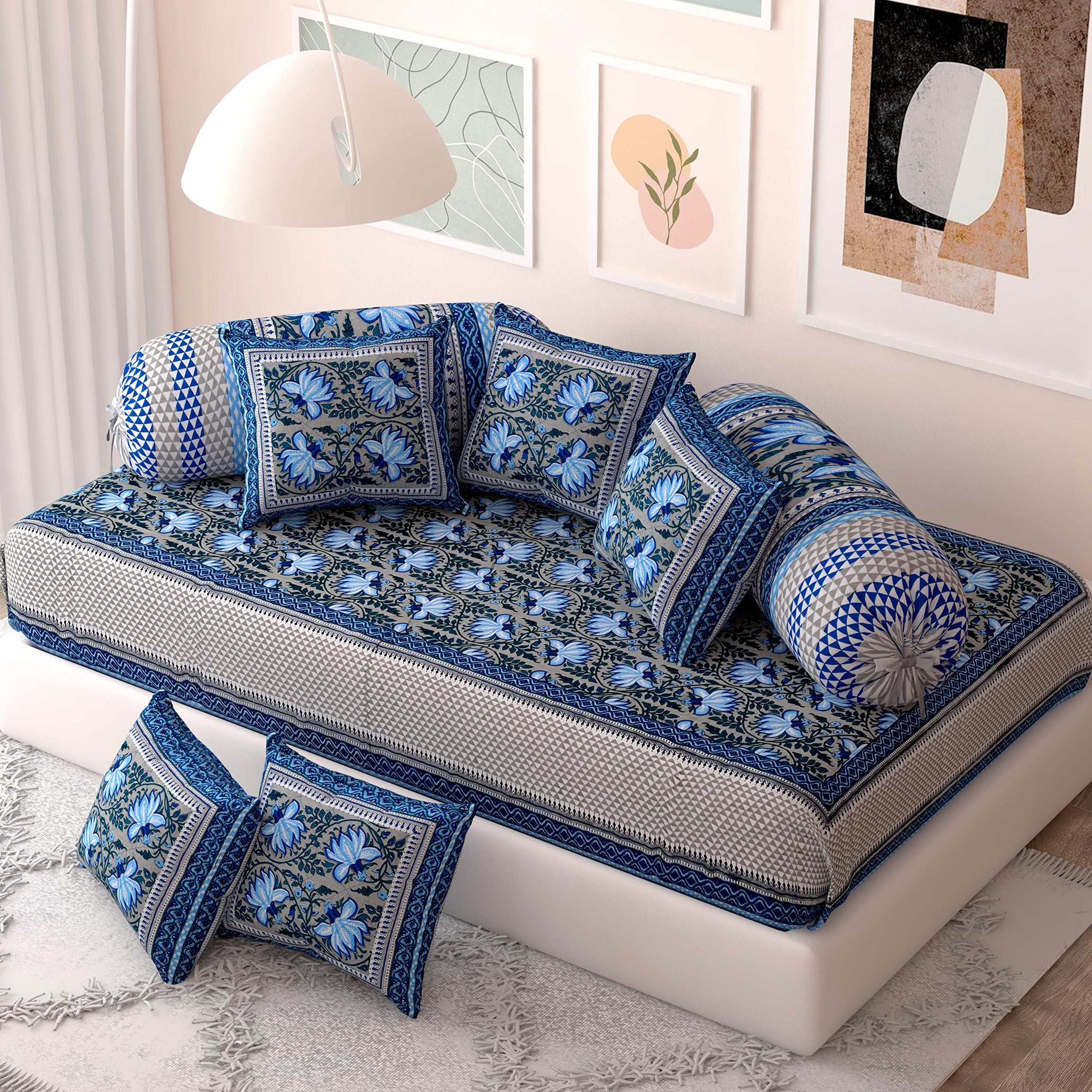 Blizz Mont by Jaipur Fabrics | Ethnic Motifs Printed Diwan Set | Pure Cotton | Set Contains- 8 Pieces (1 Single Bedsheet, 2 Boster Covers, 5 Cushion Covers)- (BM1013-BLUE-FR)-C1