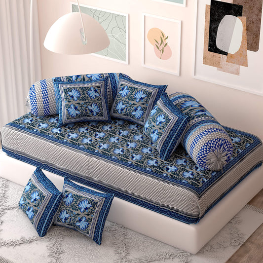 Blizz Mont by Jaipur Fabrics | Ethnic Motifs Printed Diwan Set | Pure Cotton | Set Contains- 8 Pieces (1 Single Bedsheet, 2 Boster Covers, 5 Cushion Covers)- (BM1013-BLUE-FR)-C1