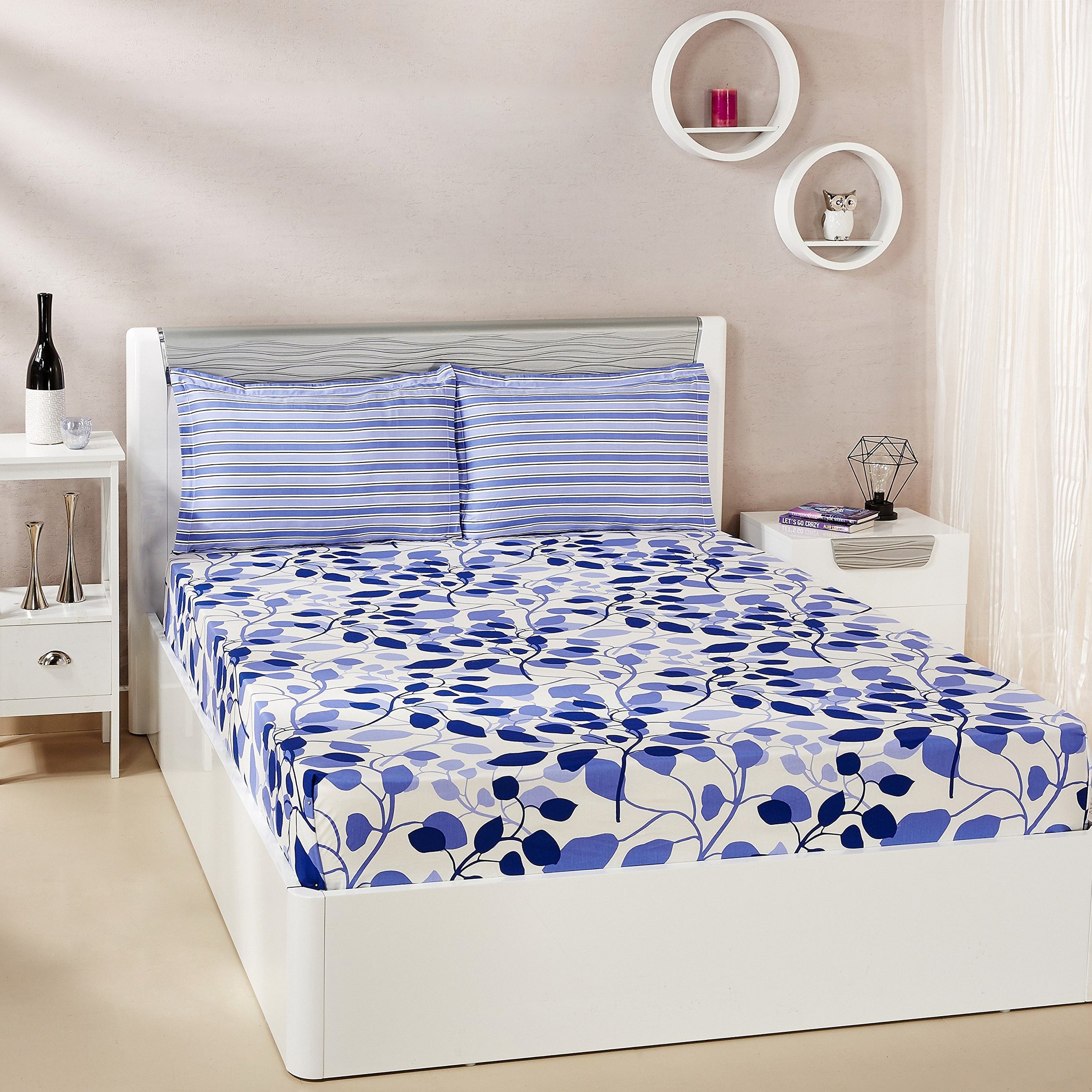 Amazon Brand - Solimo Leafy Spring 144 TC 100% Cotton Double Bedsheet with 2 Pillow Covers, Blue