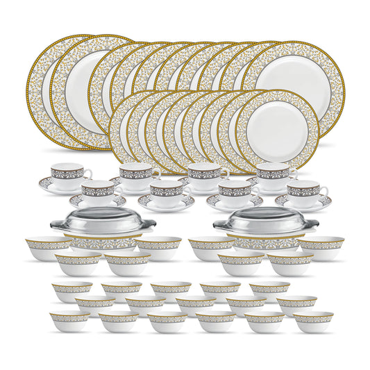 La Opala Diva Sovrana Collection Opal Glass Crockery | for Family of 8 | Dinner Set 62 pcs Moroccan Gold | Plates & Bowls for Dining | Microwave Safe | 100% Vegetarian | Extra Strong | Light & White