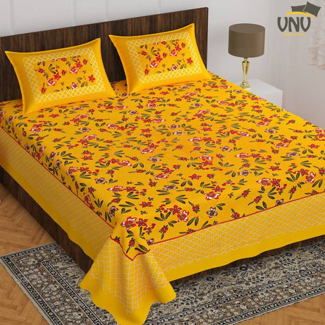 VNV Creation 144 TC Cotton Double Printed Flat Bedsheet  (Pack of 1, Yellow)