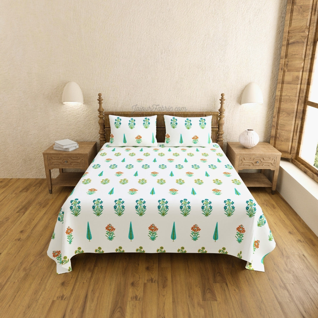 Jaipur Mela Hand Block Printed Blue Trees and Flowers King Size Bedsheet