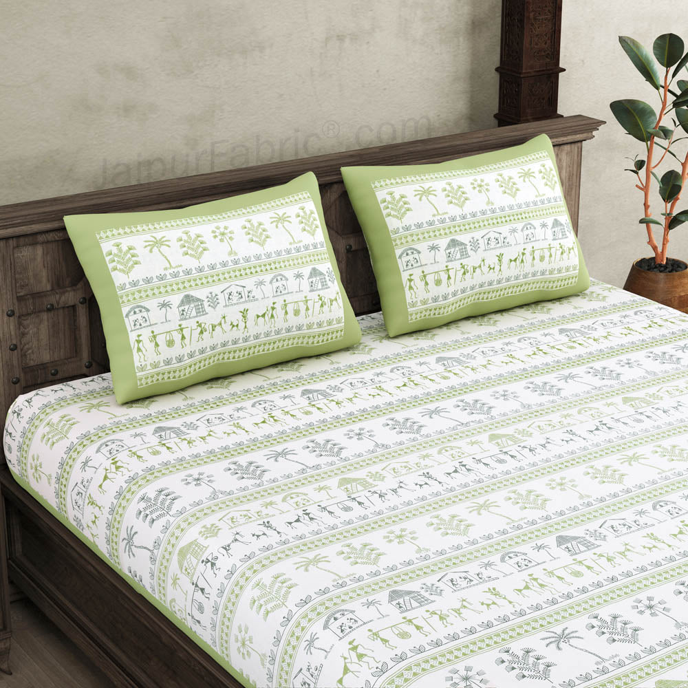 JaipurFabric® Urban Tribals Green Super King Size 10 Feet Wide Premium Cotton Bed Sheet