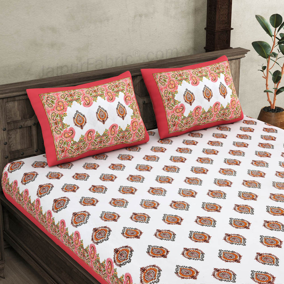 JaipurFabric® Booti Block Print Peachy King Size 10 Feet Wide Premium Cotton Bed Sheet