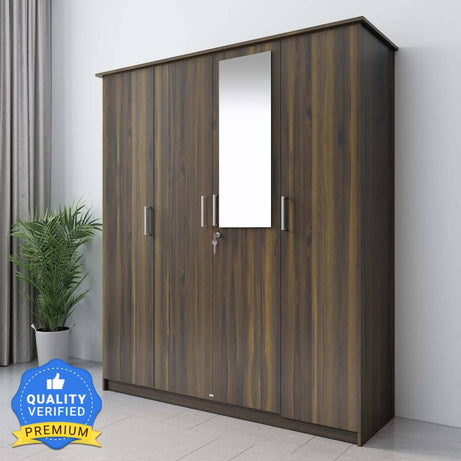 Flipkart Perfect Homes Julian Engineered Wood 4 Door Wardrobe  (Finish Color - Almond Walnut, Mirror Included, Knock Down)