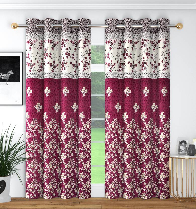 Panipat Textile Hub 213 cm (7 ft) Polyester Semi Transparent Door Curtain (Pack Of 2)  (Floral, SMF Wine)