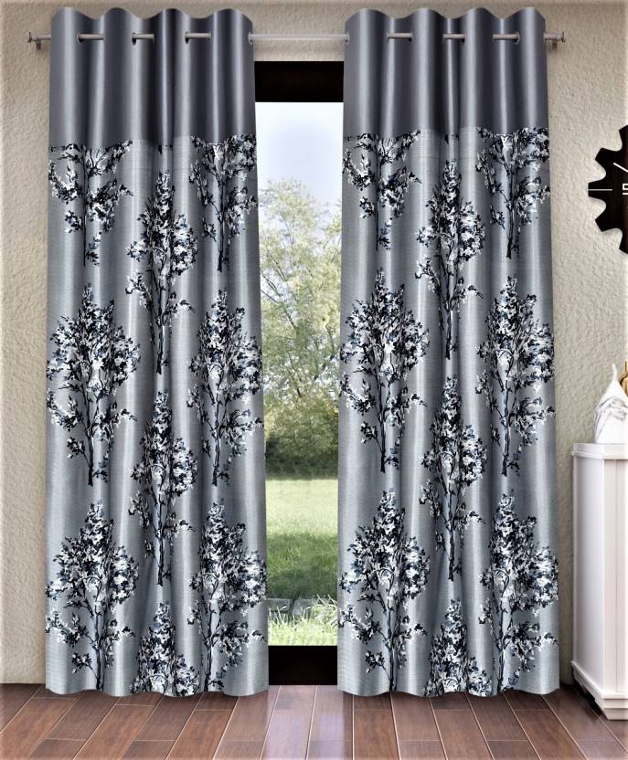 Fashion String 213 cm (7 ft) Polyester Semi Transparent Door Curtain (Pack Of 2)  (Floral, Grey)