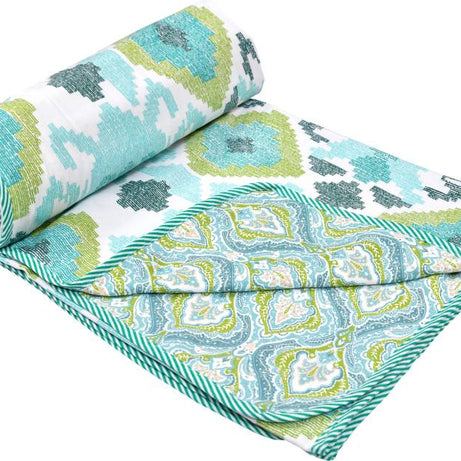 CHICERY Printed Double Dohar for  AC Room  (Cotton, green flower)