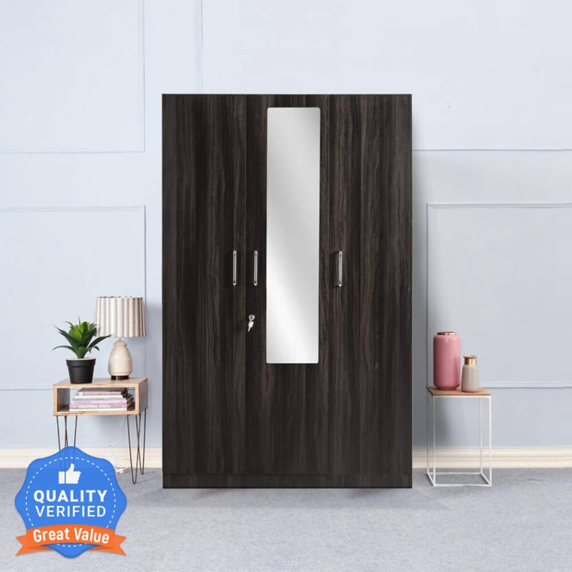 Wakefit Gingham Engineered Wood 3 Door Wardrobe  (Finish Color - Dark Brown with Drawer, Mirror Included, Knock Down)