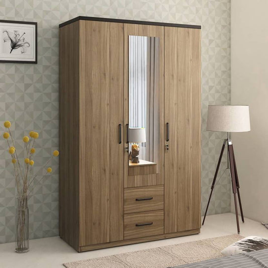 SPACEWOOD HOVER Engineered Wood 3 Door Wardrobe  (Finish Color - LYON WALNUT & NATURAL WENGE, Mirror Included, Knock Down)